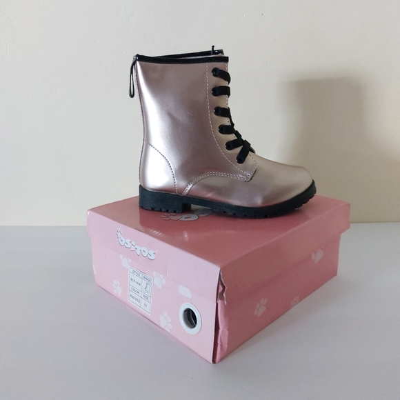Girls Rose Gold Faux Leather Mid-Calf Lace Up NWT Combat Boots Lug Sole 13 - Picture 9 of 11